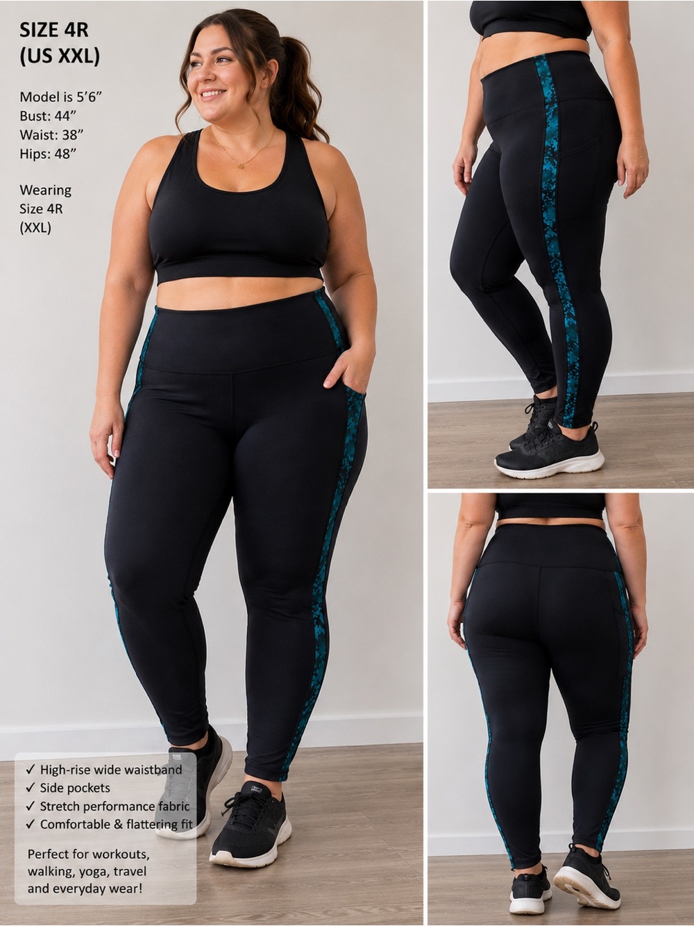 Chico's Black High-Rise Leggings with Teal Side Stripe